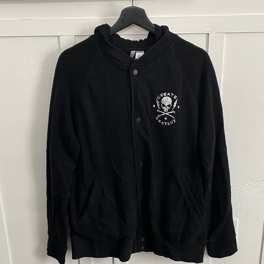 H&M Black Button-Up Hoodie Create & Destroy Graphic Goth Men’s Sz Medium